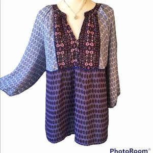 Womens Purple Patterned V-Neck Peasant Blouse